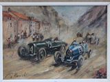 a painting of two racing cars going down the road