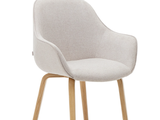 a white chair with a wooden legs and a light gray seat