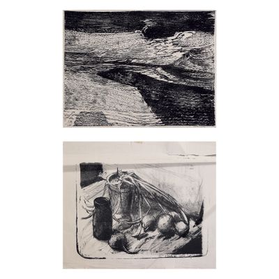 deux dessins en noir et blanc représentant une plage et un bateau