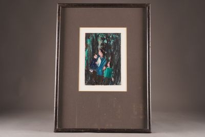 painting of a woman in a blue dress in a dark wood frame
