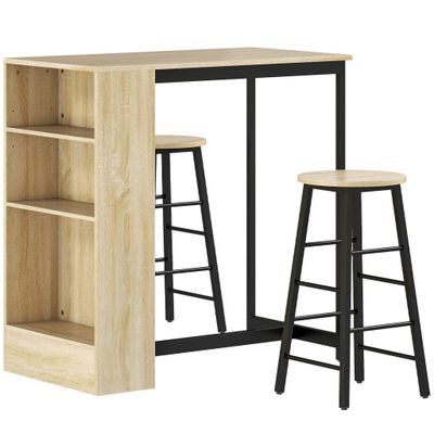 two stools and a table in a room with a bookcase