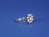 a close up of a diamond cluster ring on a blue background