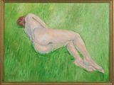 une peinture à l'huile représentant une femme nue allongée dans un champ d'herbe