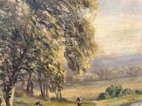 a painting of cows grazing in a field by a river