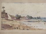 painting of a view of a beach with a house and a boat in the water