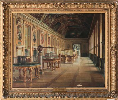 an image of a painting of a large room with many tables and chairs