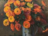 a painting of flowers in a vase on a table