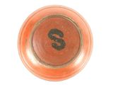 a red bowl with a black letter s on it
