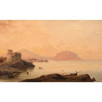 une image représentant une peinture d'une vue sur l'océan avec un bateau au premier plan