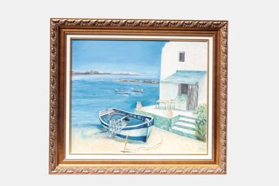 une image d'un tableau représentant un bateau sur la plage