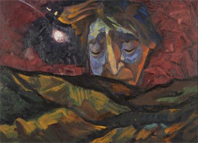 une peinture à l'huile représentant un homme allongé dans son lit, avec un ciel nocturne en arrière-plan