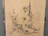 dessin encadré représentant une femme avec une ombrelle et un chat sur une plage