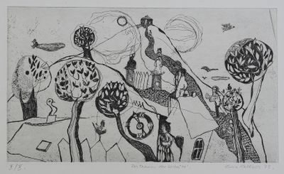 dessin en noir et blanc représentant un oiseau volant au-dessus des arbres
