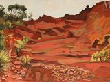 une peinture à l'huile représentant un paysage désertique avec des arbres au premier plan