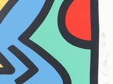 an abstract painting of a blue bird with a red sun in the background