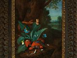 une image représentant un tableau où l'on voit des oiseaux et des fleurs dans un décor boisé