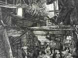 une image représentant un dessin d'un salon avec une cheminée et de nombreux meubles