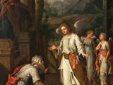 an image of a painting of a man standing in front of a group of people