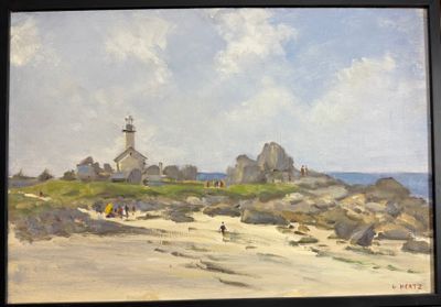 une photo d'un tableau représentant un phare sur la plage