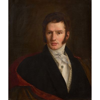 un tableau représentant un homme vêtu d'un manteau noir et d'une chemise blanche