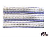 a close up of a blue and white striped towel on a white background