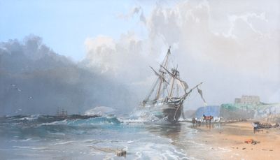 une peinture représentant un bateau sur la plage, au bord de l'eau