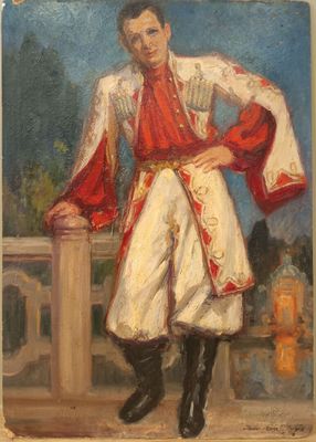 une peinture à l'huile représentant un homme vêtu d'un costume rouge et blanc