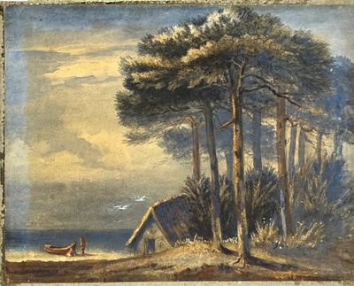 une photo d'un tableau représentant un homme et un chien sur la plage