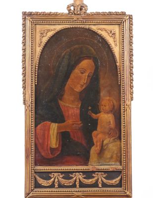 an old painting of a woman holding a baby in a gold frame