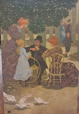 a picture of a painting of a group of people in a park