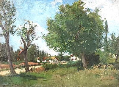 a painting of a rural scene with trees and houses in the background