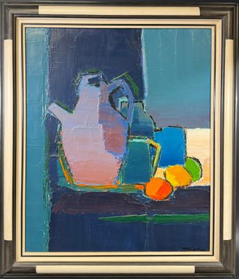 une peinture à l'huile représentant une théière et des oranges posées sur une table