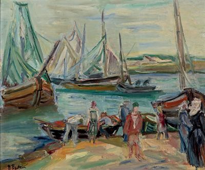 peinture d'un groupe de personnes se tenant sur une plage près d'une étendue d'eau