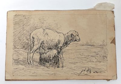 an old drawing of a sheep and a baby sheep in a field