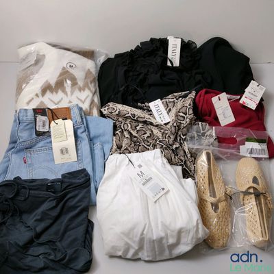 une boîte de vêtements et une paire de chaussures posées sur une table