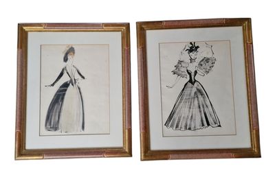 deux dessins encadrés représentant une femme en robe et un homme avec un chapeau