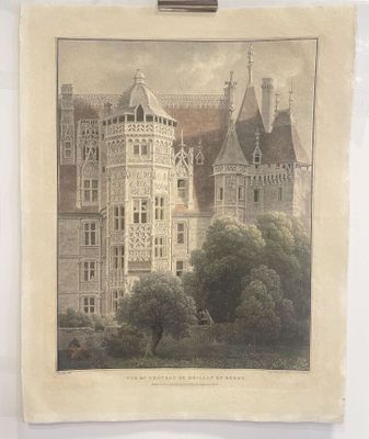 an old picture of a castle with a clock tower in the middle of it