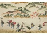 chinese painting of a group of men with umbrellas and a dog