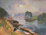 un tableau représentant des bateaux amarrés au bord d'une rivière