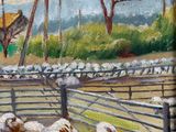 painting of a herd of sheep in a fenced in area