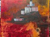 une image représentant une peinture d'une église sur fond rouge