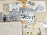many old newspapers and old photos on the wall