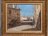une image d'une peinture représentant une scène de rue avec une voiture à cheval
