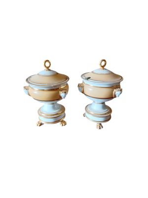 paire d'urnes en porcelaine bleue et blanche sur socles
