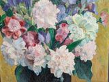 a painting of flowers in a vase on a table
