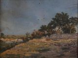 peinture d'un paysage avec des arbres et une rivière au premier plan