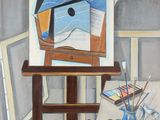un tableau posé sur un chevalet, avec un autre tableau posé sur la table à côté