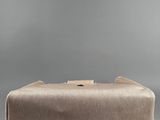 an image of a beige purse on a grey background