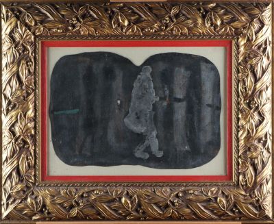 une image représentant un tableau où figurent un homme et un chien, dans un cadre doré