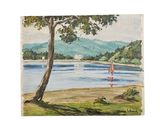une peinture représentant un voilier sur l'eau, près d'un arbre